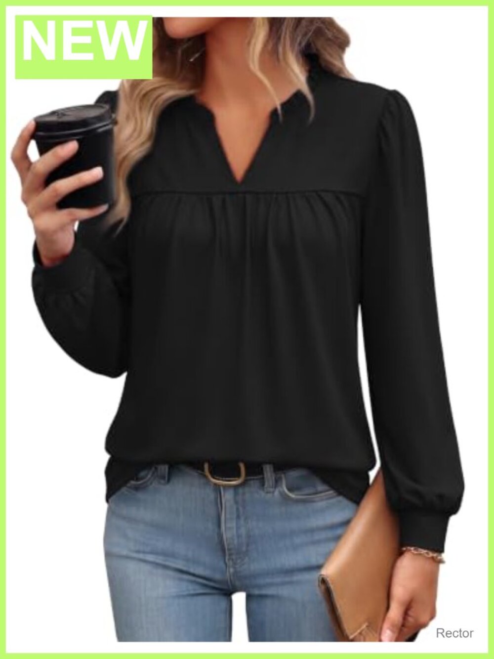 Women's Long Sleeve Ruffle V Neck Pleated Tunic Blouse